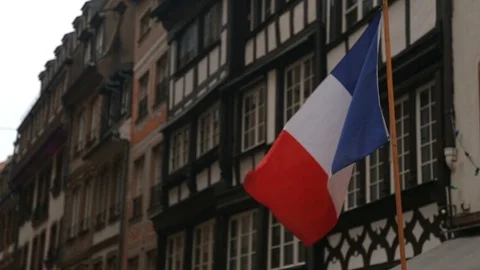French Flag Waving At The Main Square In Strasbourg Stock Footage 97780037