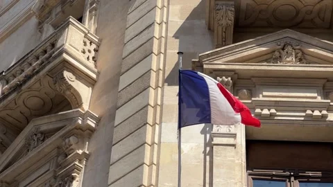 French Flag Waving on Mast in Front of Neoclassical Building Stock Footage 316836152
