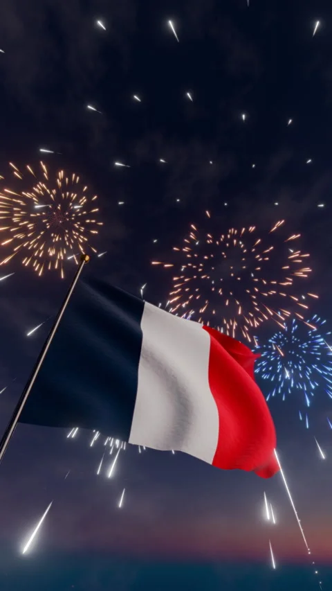 French Flag Waving at Night with Fireworks for bastille day Stock Footage 339079538