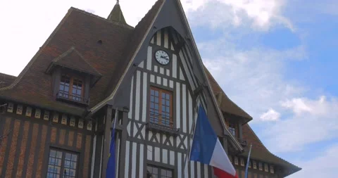 French Flag Waving With The Wind On Town Hall Of Deauville In France. - Stock Footage 234165789