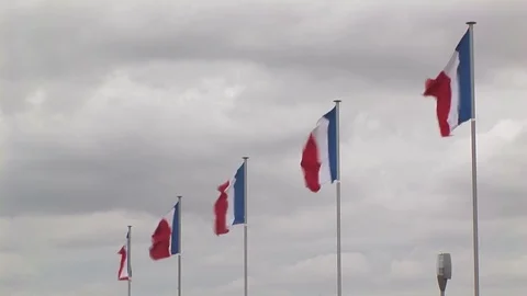 French flags lined up on Juno Beach, Normandy France Stock Footage 83105314