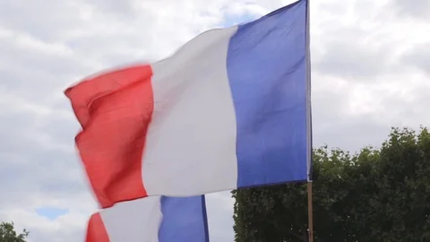 French flags waving in the wind in Paris France on the Bastille Day Stock Footage 105521367