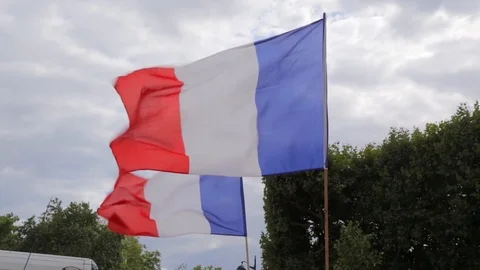 French flags waving in the wind in Paris France on the Bastille Day Stock Footage 105521420