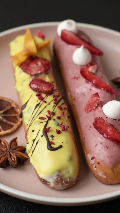 French food, dessert eclair with chocolate filling. Eclair as a background Stock Footage 310882869