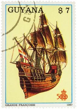 French four-masted sailing ship "Grande Francoise" (1535) on postage stamp Stock Photos
