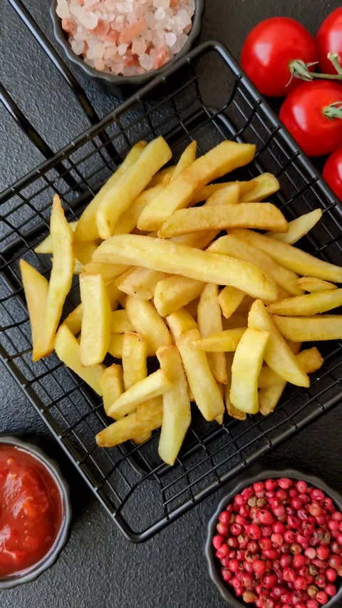 French fries, chips or snack with sauce as food background. French fries Video stock 318577700