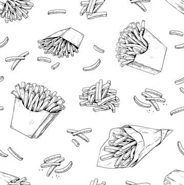 French fries pattern. Hand drawn seamless texture for fast food menu with potato Stock Illustration
