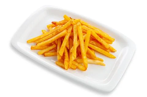 French fries on a white rectangular ceramic plate. White background. Isolated Stock Photos