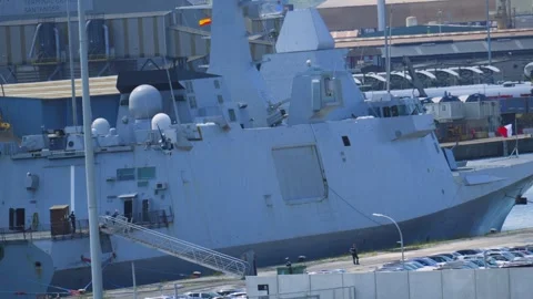 French Frigate War Ship with Latest Military Technology in Port. Stock Footage 345437862