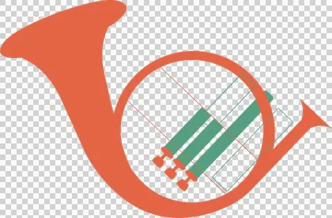 French horn is being shown in flat duotone with orange body, green valves, Stockillustratie