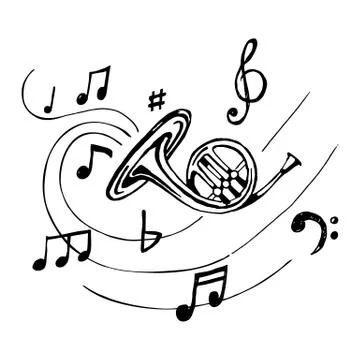 French horn with notes. Stock Illustration