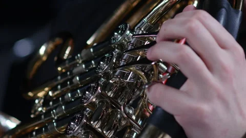 French horn player playing in a classical in symphony orchestra.  Stock Footage 277832429