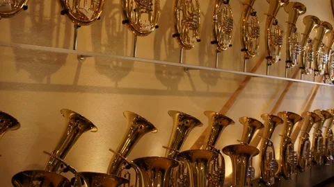 French Horns In Stand Stock Footage 97368075