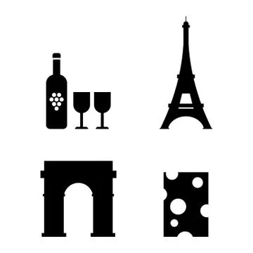 French Icons Set. Wine, Eiffel Tower, Triumphal Arch, Cheese. Vector. Illustrazione stock