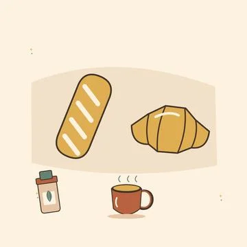 French inspired breakfast with bread and milk. Decorative flat vector composi 스톡 일러스트