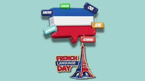 French language day celebration with eiffel tower and speech bubbles Stock Footage 328961686