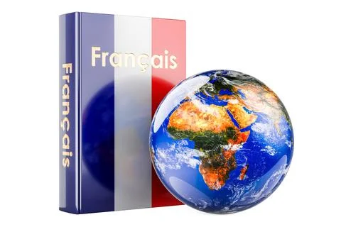 French language textbook with Earth Globe. International lessons and course.. Illustrazione stock