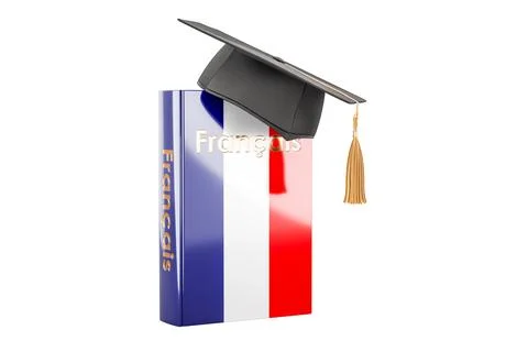 French language textbook with graduation cap. Learn French language, classe.. Stock Illustration