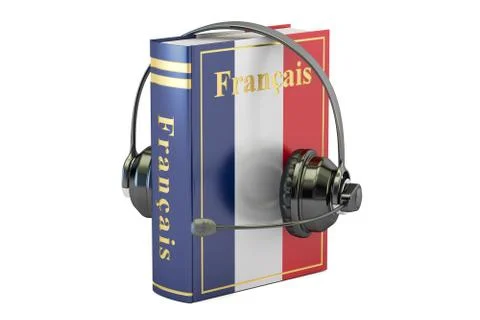 French language textbook with headset, learning and translate concept. 3D r.. イラスト素材