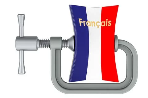French language textbook squeezed in a clamp. Intensive course of French la.. Stock Illustration
