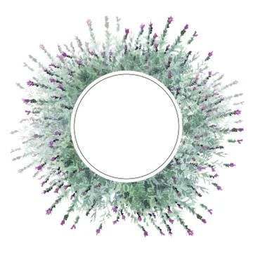 French lavender round label frame with flowers in watercolor paint style. Gentle Stock Illustration