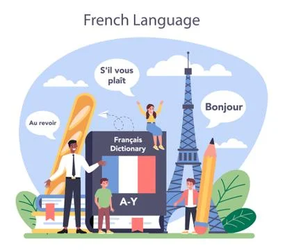 French learning concept. Language school french course. Study Ilustración de archivo