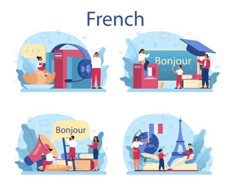 French learning concept set. Language school french course. Study Ilustración de archivo
