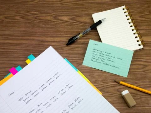 French; Learning New Language Writing Words on the Notebook Foto stock