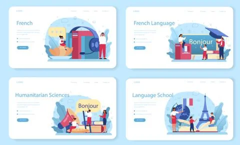 French learning web banner or landing page set. Language school french Illustrazione stock