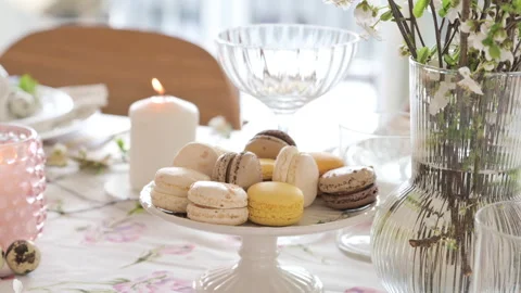 French macarons on a beautifully served table. Macaroons dessert close-up. Stock Footage 272817632