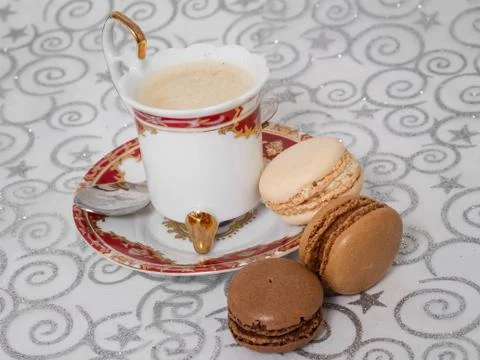 French macarons with a cup of coffee Stock Photos