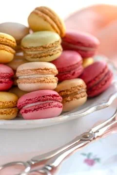 French macarons macro shot  in selective focus for text over lay Fotos Stock