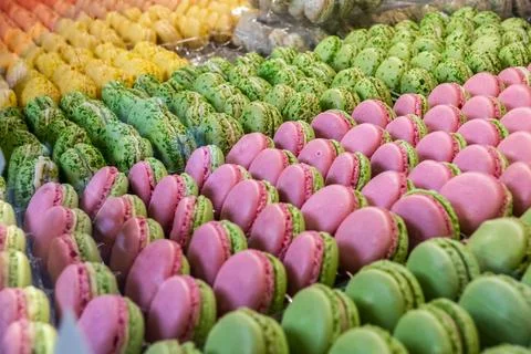French macarons on the retail shelf Stock Photos