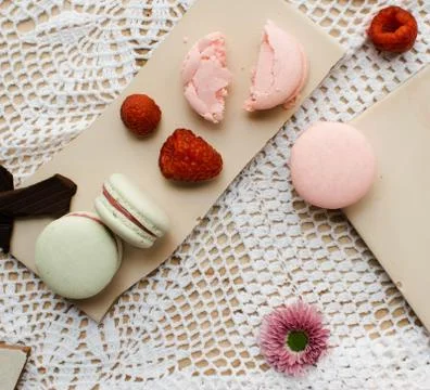French macaroon with raspberry and chocolate Stock Photos