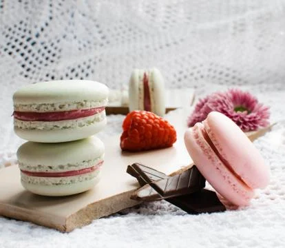 French macaroon with raspberry and chocolate Stock Photos