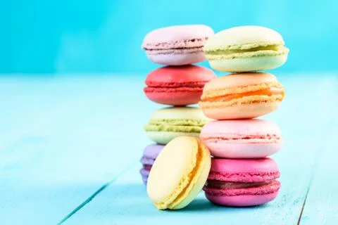 French Macaroons On Blue Stock Photos