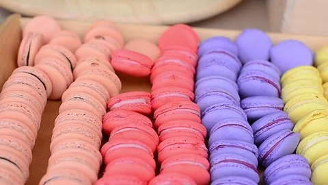 French macaroons on a cake stand. Candy bar on wedding 스톡 동영상 79908884