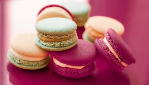French macaroons on cherry pink background, parisian chic cafe dessert, sw... 写真素材