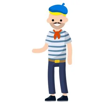 French man in blue striped clothes and red beret waving his hand. Stock Illustration