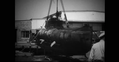 French midget submarine being kept at harbour Stock Footage 43504005