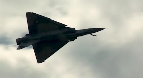 French multi-role fighter Dassault Mirage 2000 accelerates and takes off. Stock Footage 172242965