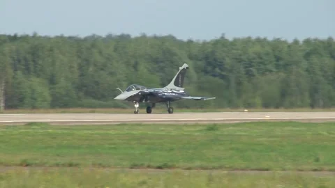 French multi-role fighter, Dassault Rafale, landed on Russian runway. MAKS-2011 Stock Footage 198154260