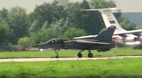 French multipurpose jet fighter Dassault Mirage 2000 moves along  runway. Stock-Footage 172192240