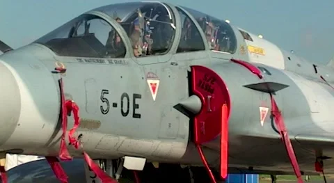 French multipurpose jet fighter Dassault Mirage 2000 in static parking lot. Stock Footage 195471941