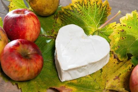 French Neufchatel cheese shaped heart on autumn leaves Stock Photos