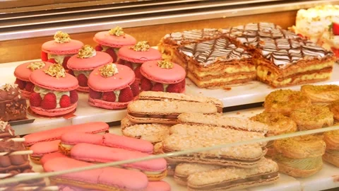 French pastries in bakery display case Paris, June 15 2025 Video stock 311321758