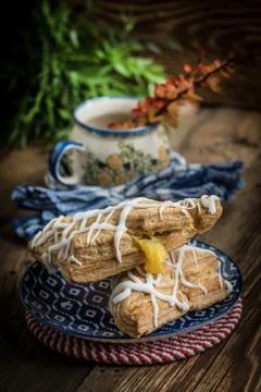 French pastry with pudding. Stock Photos