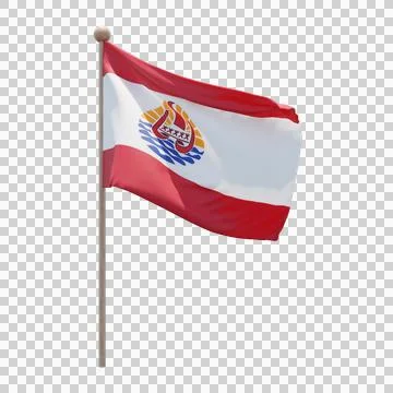 French Polynesia 3d illustration flag on pole. Wood flagpole Stock Illustration