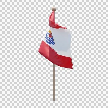 French Polynesia 3d illustration flag on pole. Wood flagpole Stock Illustration