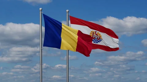 French Polynesia and Romania two flags Stock Footage 280303242